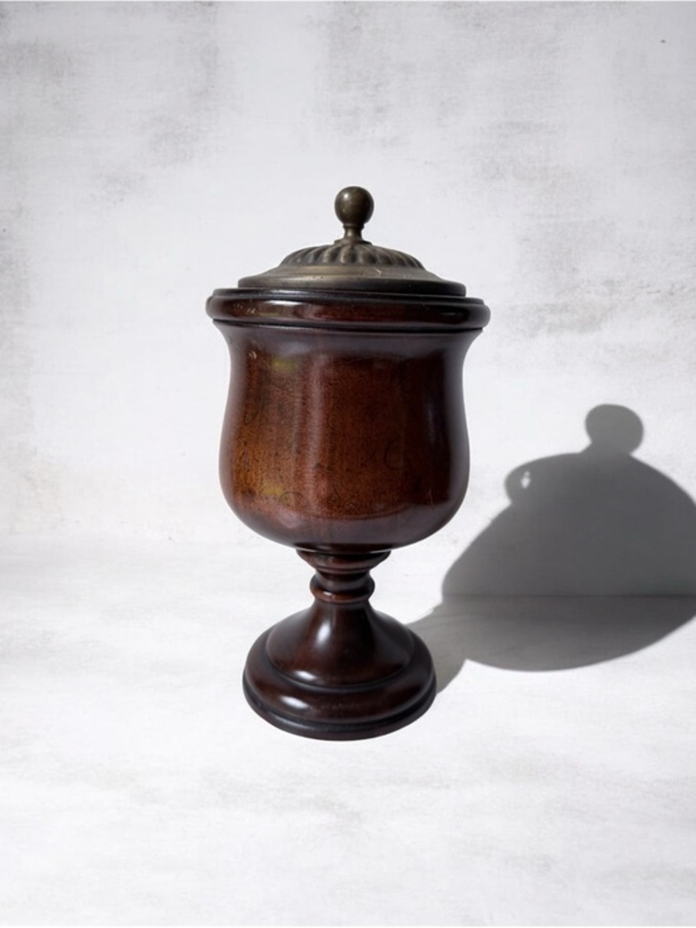 Vintage Wooden Pedestal Jar with brass Lid